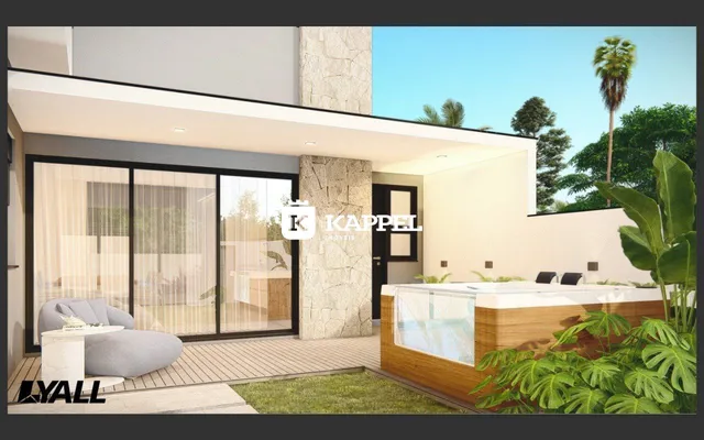Fachada de uma residência moderna com área externa e spa de madeira.