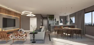 Sala de estar moderna com mesa de jantar.