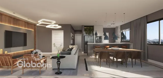 Sala de estar moderna com mesa de jantar.