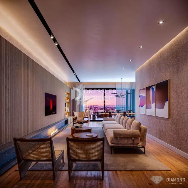 Sala de estar moderna com piso de madeira e sofás.