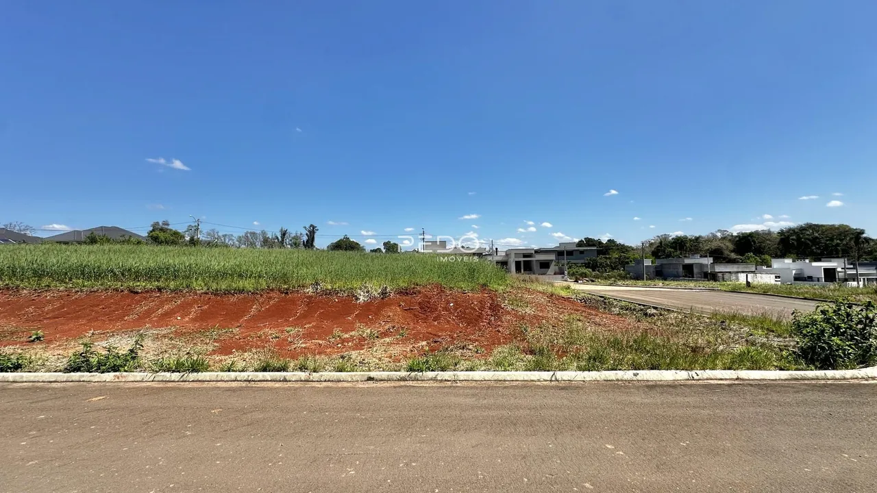 Paisagem de terra vermelha com vegetação ao lado de uma estrada.