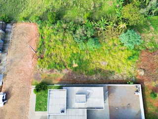 Vista aérea mostrando o telhado de uma residência e a área verde circundante.