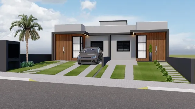 Fachada de uma residência moderna com detalhes em madeira em Lajeado, Brasil.