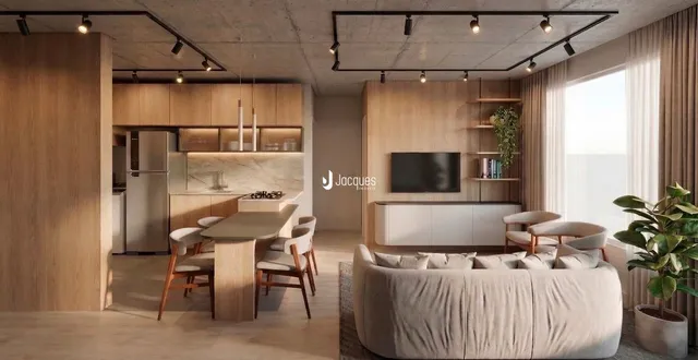 Sala de estar com decoração moderna e painéis de madeira.
