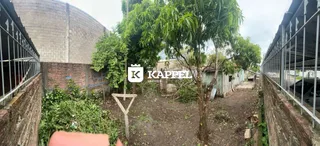 Vista externa de um terreno com vegetação densa e estruturas laterais.