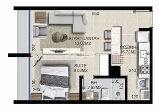Planta baixa de um apartamento em Lajeado mostrando a disposição dos cômodos.