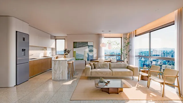 Sala de estar moderna com vista para a cidade em Lajeado.