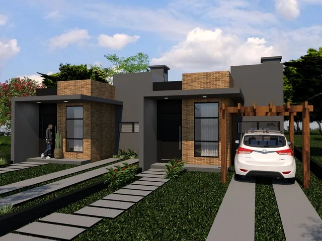 Fachada moderna de uma residência com revestimento de tijolo e acabamento em estuque.