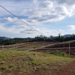 Vista de uma área de campo com vegetação rasteira e cerca no horizonte.