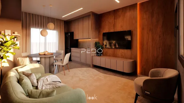 Sala de estar moderna com sofá e mesa de jantar em um imóvel no Brasil.