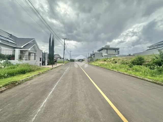 Vista da rua em Lajeado, Brasil, mostrando casas e vegetação ao longo da via.