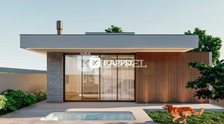 Fachada moderna de uma residência com revestimento de madeira e piscina.