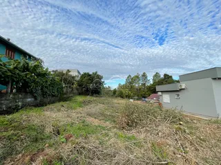 Vista externa de um terreno com vegetação seca no primeiro plano e uma construção moderna ao fundo.