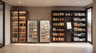 Interior com estantes de madeira cheias de produtos.