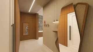 Hall da entrada de uma casa moderna com revestimento de madeira.