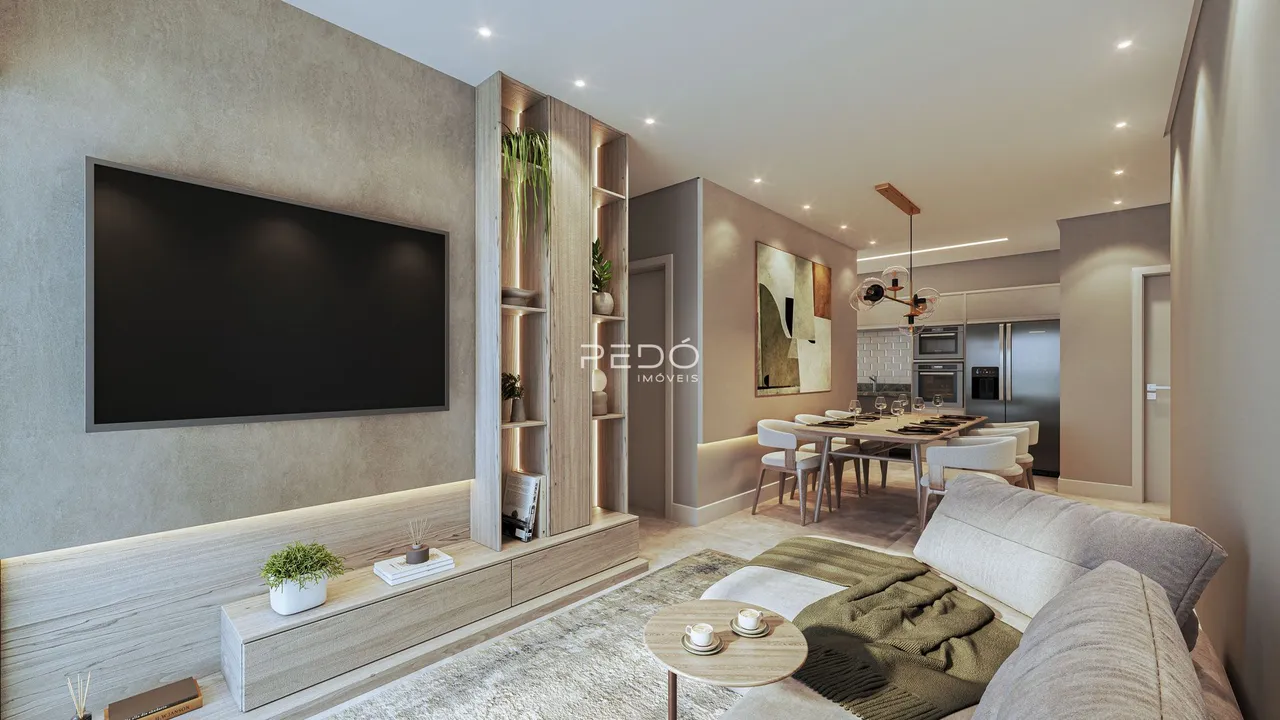 Sala de estar moderna com decoração contemporânea e móveis planejados.