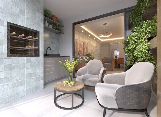 Sala de estar com decoração moderna e cozinha integrada em um imóvel no Brasil.