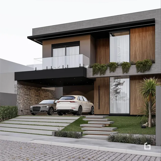 Fachada moderna de uma residência em Lajeado, Brasil, com paisagismo e garagem.
