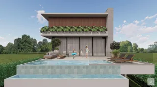 Vista externa de uma casa moderna com piscina e jardim em Lajeado.