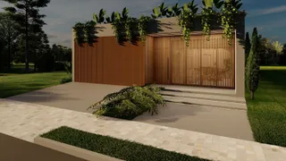 Fachada moderna de uma residência com revestimento de madeira e vegetação.