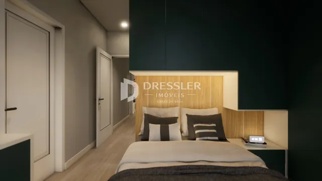 Quarto com cama e armário de madeira em um apartamento.