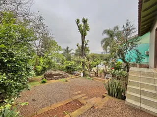 Vista externa de um terreno com vegetação densa e área de cascalho.