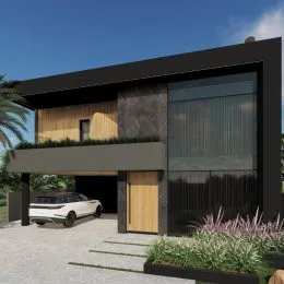 Fachada de uma residência moderna com detalhes em madeira em Lajeado, Brasil.