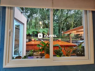 Vista externa de um deck de madeira com plantas em um ambiente verde.