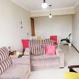 Foto de uma sala de estar com sofá e paredes claras.