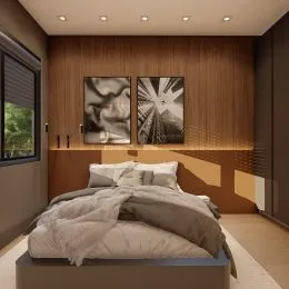 Quarto com cama e painéis de madeira na sala.