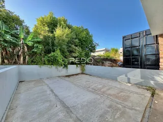Vista de uma área externa com muro branco e vegetação densa.