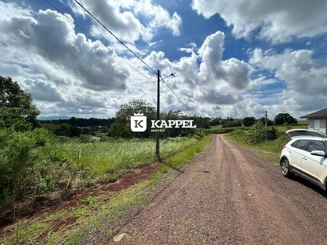 Uma estrada de terra atravessa uma área verde com céu nublado.