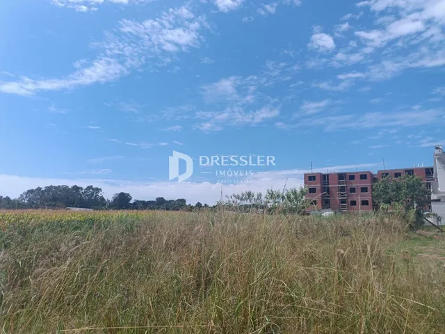 Paisagem de campo com grama alta em primeiro plano e um edifício ao fundo sob um céu azul.