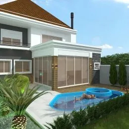 Foto da área da piscina externa com vegetação no imóvel em Lajeado.