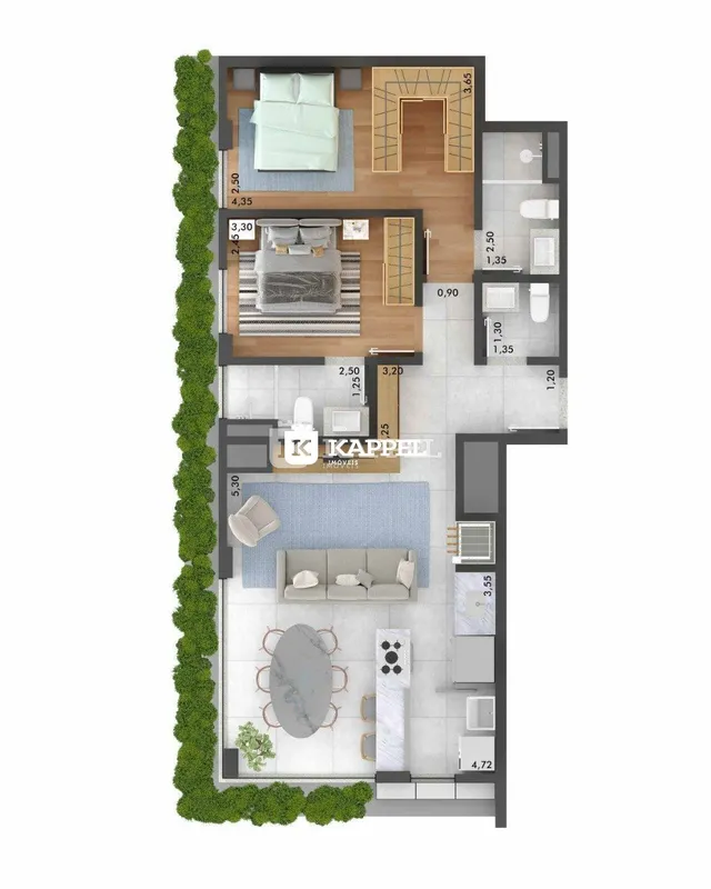 Planta baixa de uma residência mostrando a disposição dos cômodos e áreas externas.