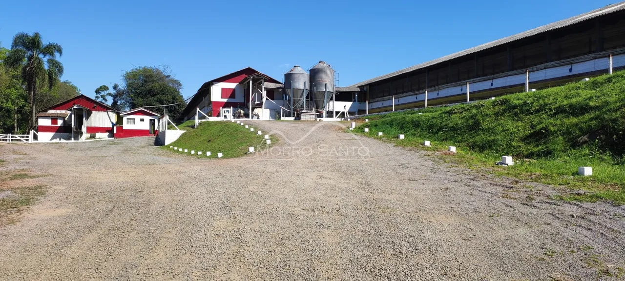 Vista externa de uma propriedade rural com galpões e silos sob um céu azul.