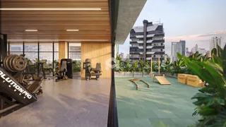 Sala de estar com piso de madeira e grandes janelas.