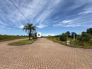 Vista da estrada de acesso de uma propriedade em Lajeado, com vegetação e céu azul.