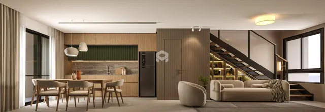 Interior moderno com cozinha e sala de estar em Lajeado.