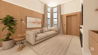 Sala de estar moderna com sofá e decoração clara.