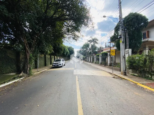 Vista da rua em Lajeado, Brasil, com árvores e casas ao longo da via.
