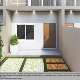 Vista interna de um cômodo com piso claro e painel de madeira na parede.