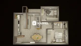 Planta baixa de um apartamento mostrando a disposição da sala, cozinha, quarto e banheiro.