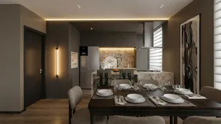 Uma vista de uma sala de jantar moderna com cozinha integrada.