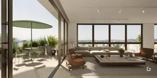 Sala de estar com vista para a paisagem externa.