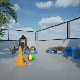 Foto de uma área de lazer com equipamentos de playground.