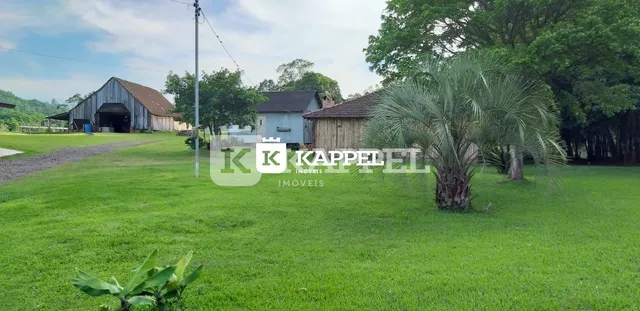 Vista externa de um terreno com gramado verde e árvores.