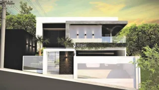 Fachada de uma casa moderna com varanda em Lajeado, Brasil.