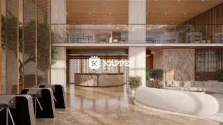 Ambiente interno amplo com detalhes em madeira e piso polido em um espaço de convivência.