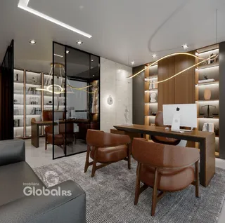 Sala de estar moderna com decoração de madeira e estantes.